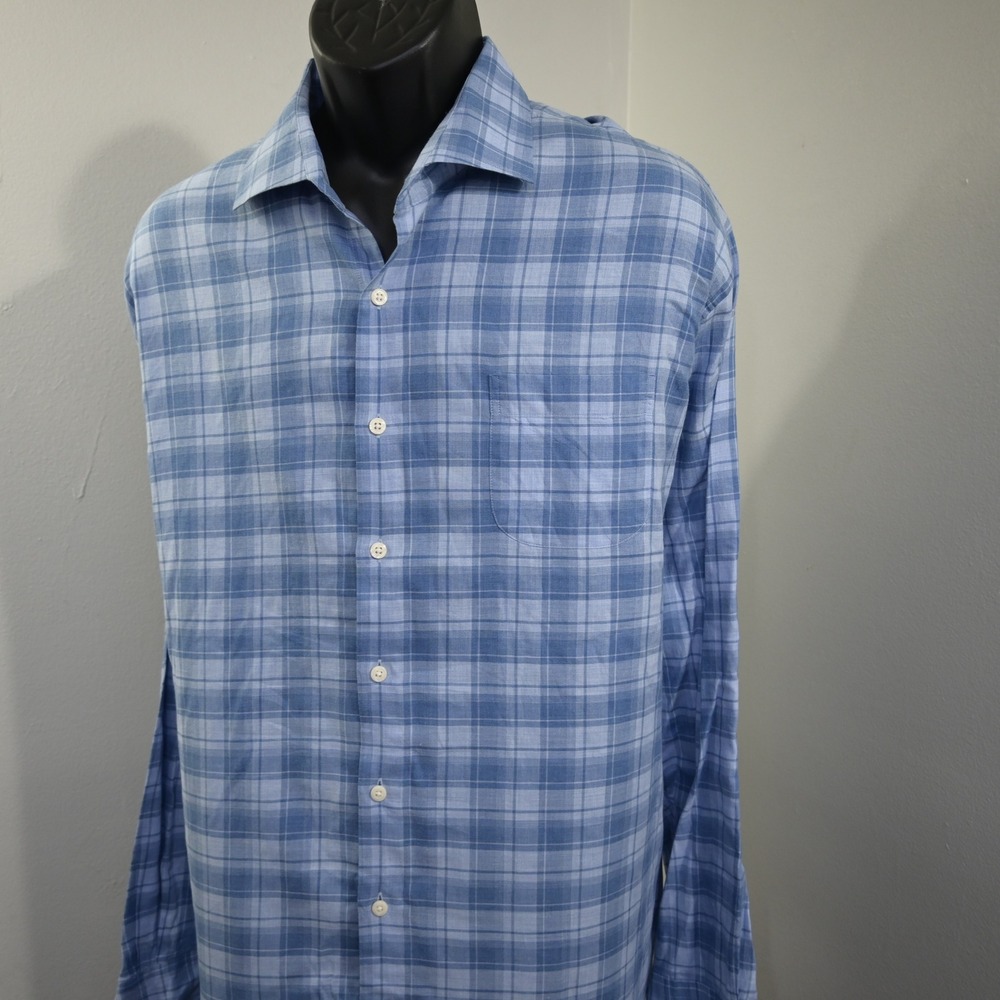 Peter Millar Dress Shirt Mens XXL Blue Plaid Long Sleeve Button Up Cotton